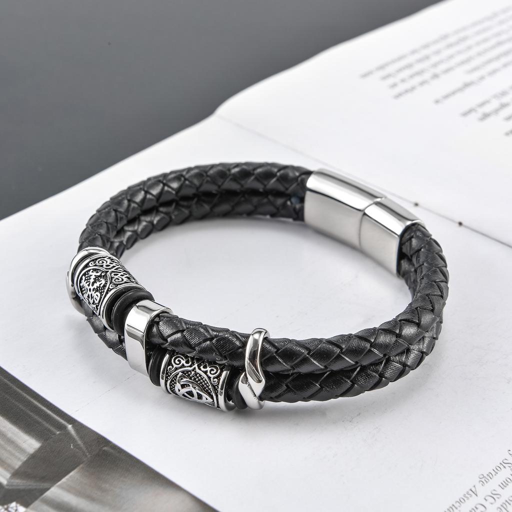 New Stainless Steel Leather Rope Bracelet Double Weave Leather Men's Bracelet