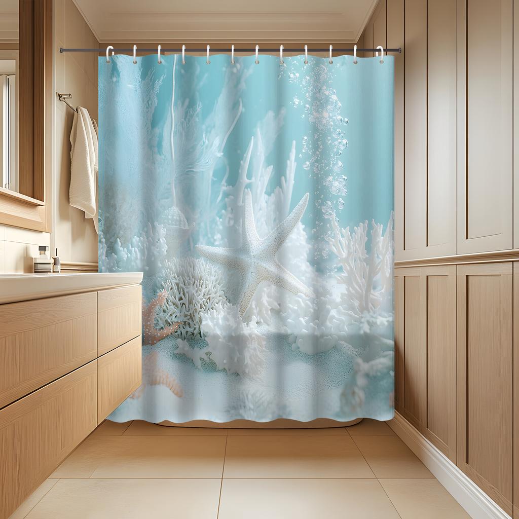 1 piece star art starfish pattern shower curtain, polyester fabric, machine washable, suitable for bathroom decoration