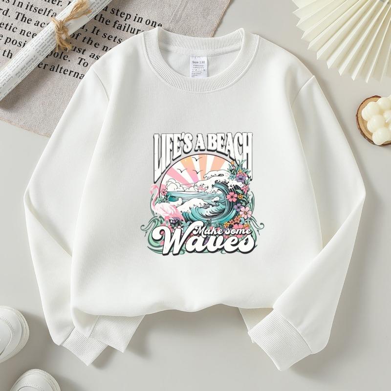 Kids Crewneck Long Sleeve Sweatshirt,Life A Beach Make Waves Floral Ocean Print