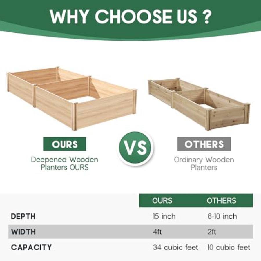 8x4 Ft Wood Raised Garden Bed Durable 15 Inch Depth Planter Box for Vegetables Herbs and Flowers Ideal for Outdoor Gardening wi