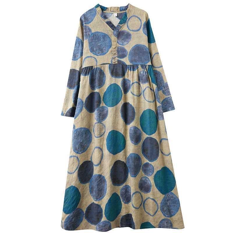 Real Spring and Summer New Retro Cotton and Linen Printing Loose Casual Fungus Lace Collar Long-sleeved Big Swing Dress