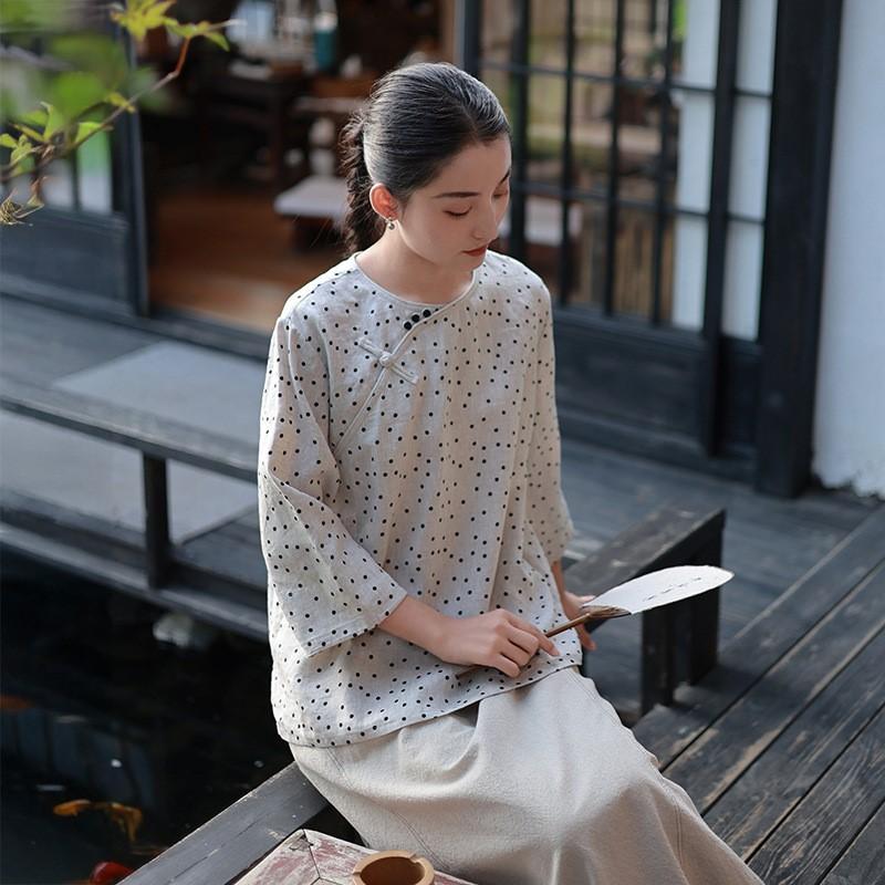Johnature Women Chinese Style T-Shirts O-Neck Seven Sleeve Spring Loose Polka Dot Women Casual T-Shirts
