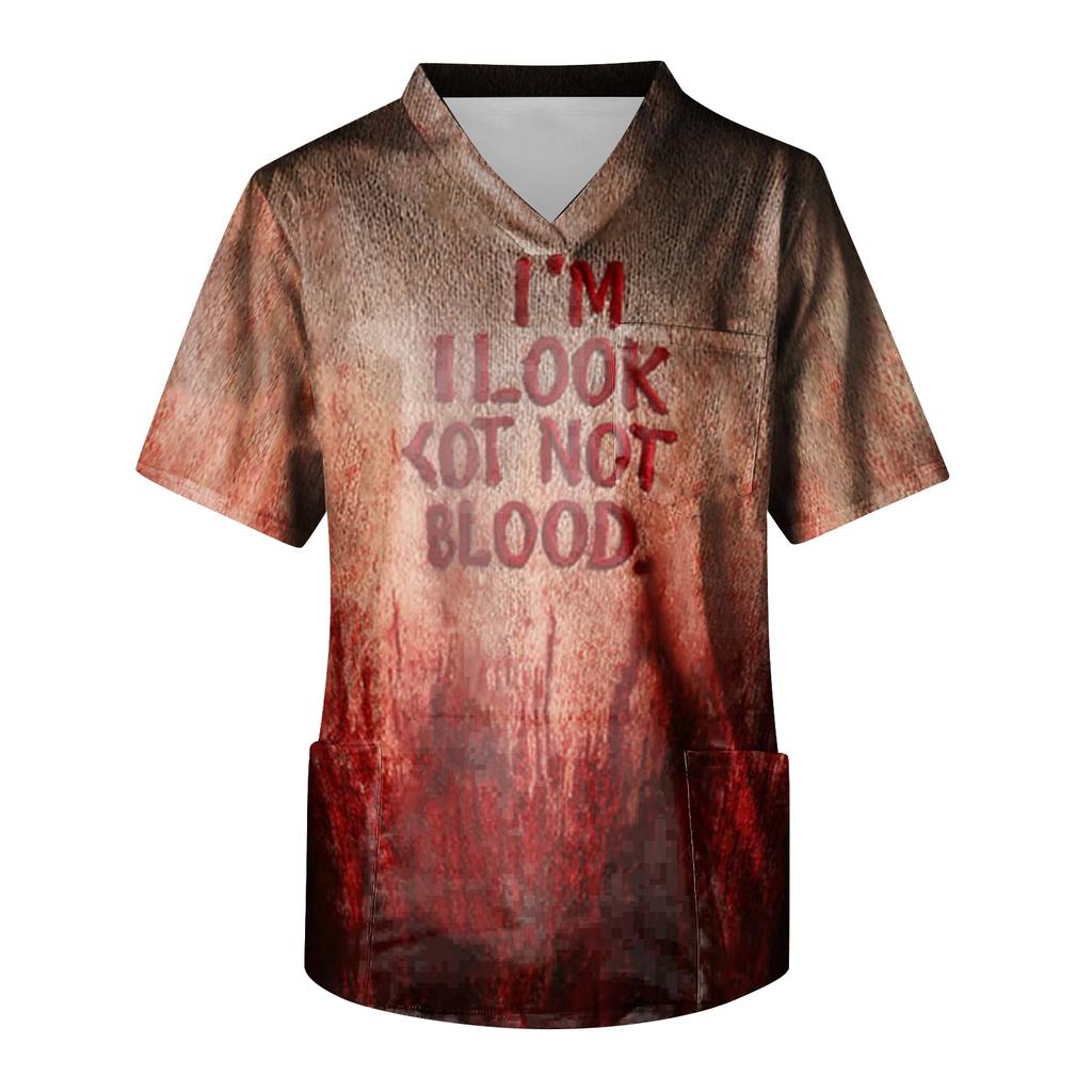 Herren Halloween Print V-Ausschnitt Kasack Kurzarm Medizinische Arbeitskleidung mit Tasche Leicht Bequem Passend für medizinisches Fachpersonal