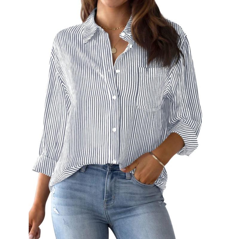 Spring Autumn New Printed Striped Casual Shirts Women Loose Cardigan Top Fashion Long Sleeve Office Blouse Woman Simple Vintage Lapel Pocket Clothes