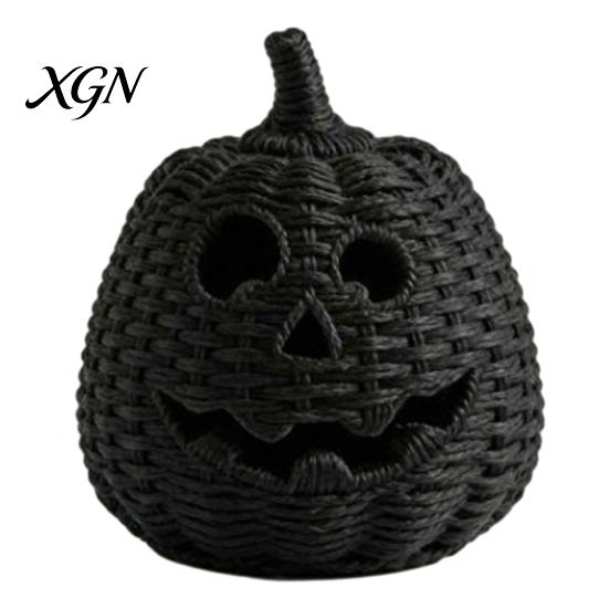 Seasonal Home Display Handwoven Pumpkin Basket with Witch Hat Lid, Rustic Wicker Trick Gothic Table Centerpiece or Treat Bucket for Indoor Outdoor