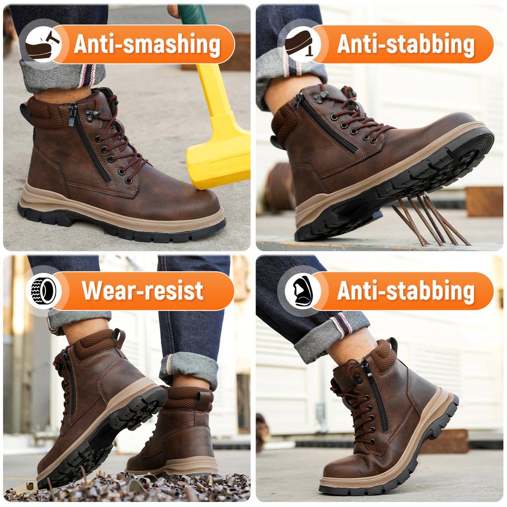 Men Work Boots Puncture-Proof Waterproof Work Shoes Steel Toe Safety Boots Industrial Indestructible Boots Side Zipper Shoes