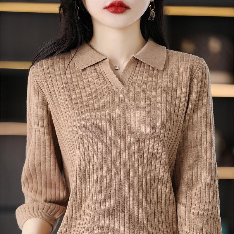 Spring and Summer Latest Cotton Thread 7-quarter Sleeve POLO Collar Sweater Women Pullover Thread Pit Strip Trendy Base Top