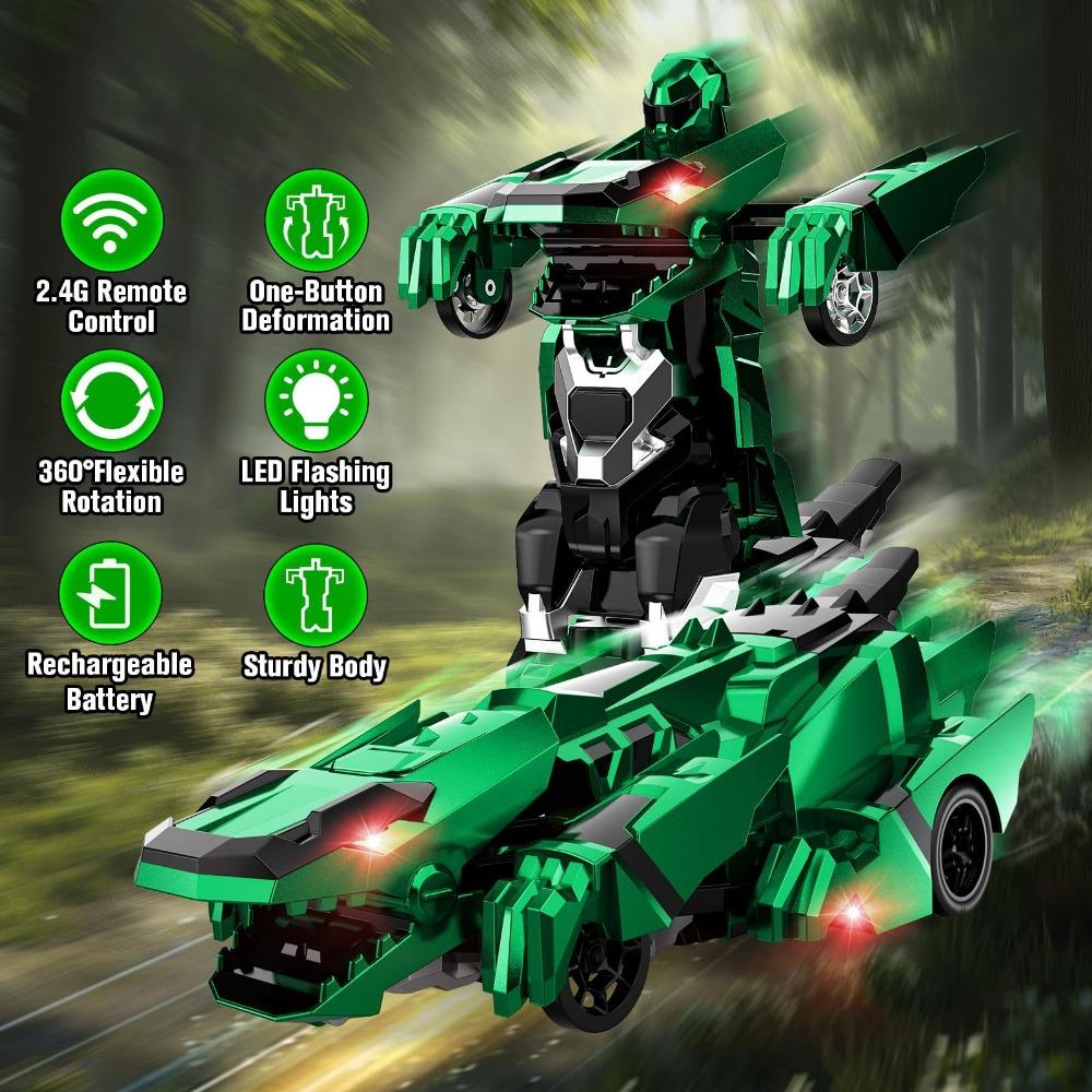 Dinosaur Deformation Remote Control Car 2.4G One-button Variable Battle Robot Walking Upright Children's Toy/4 Colors