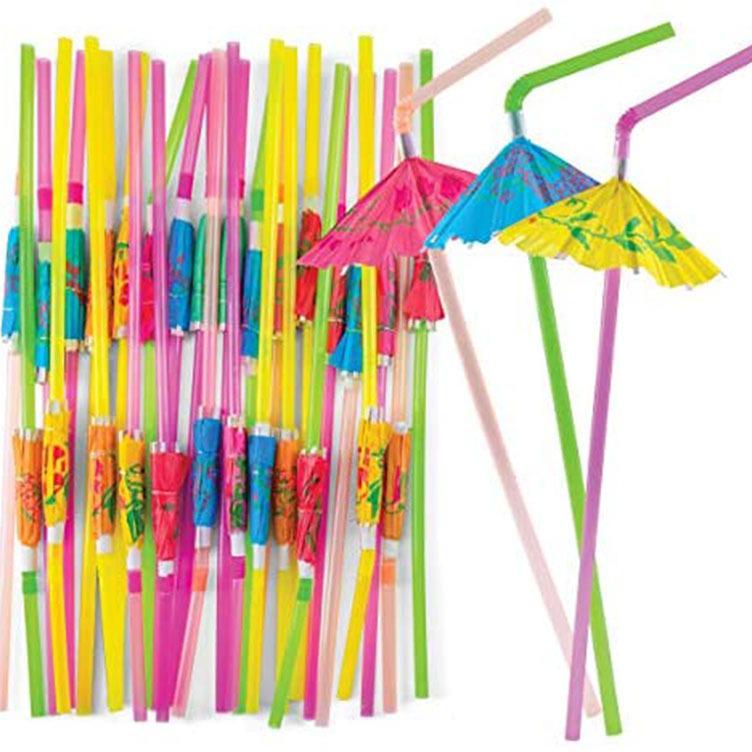 50 Fluorescent Umbrella Straws for Hawaiian-Themed Party Decoration and Craft