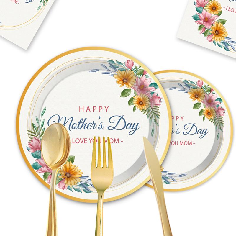 Mother'S Day Flower Theme Party Set Disposable Paper Plate Paper Cup Paper Towel Tableware Tablecloth Party Decoration