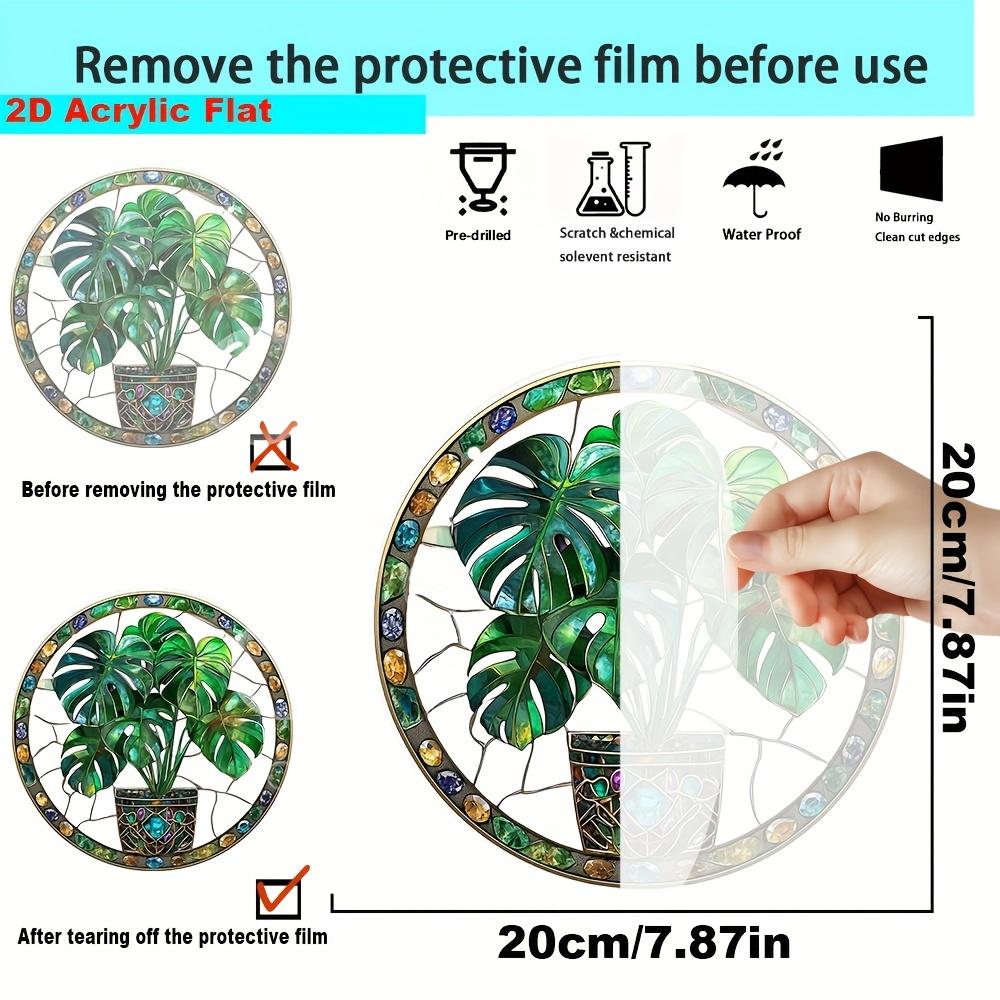 2D Flat Acrylic Colorful Monstera Leaf Acrylic Sun Catcher - Stained Glass Style Design with Green Leaves and Floral Accents, Home Decor