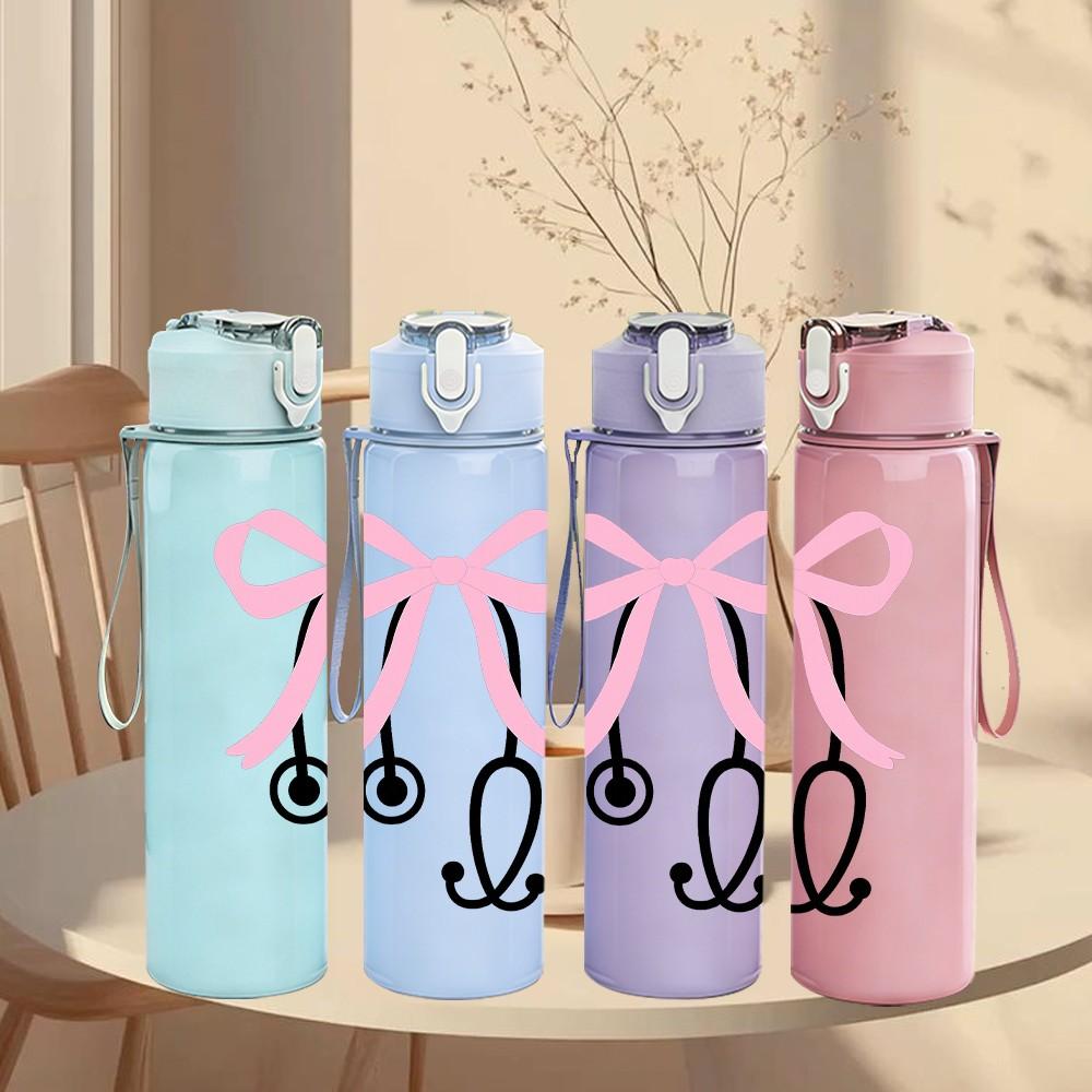 1PC Pink Bow Stethoscope 750ml Color Plastic Sports Water Bottle Leakproof Flip Straw Lid Suitable for Sports Office Home Use