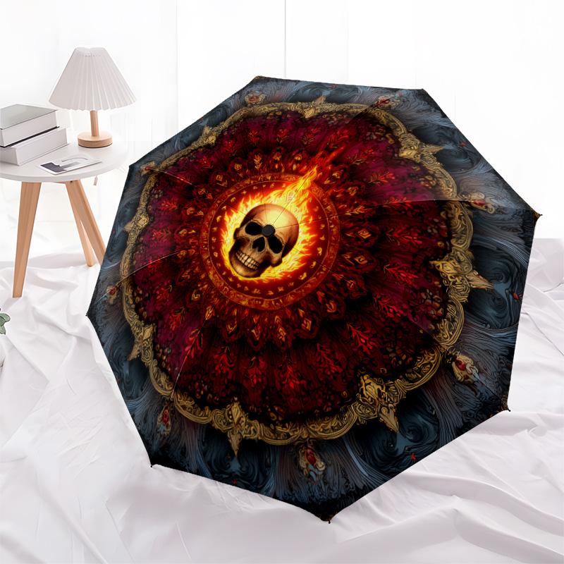 Schädelmuster, automatischer Klappschirm, tragbares und faltbares Design, 8 Schirmstäbe, ein Weihnachts- oder Geburtstagsgeschenk.