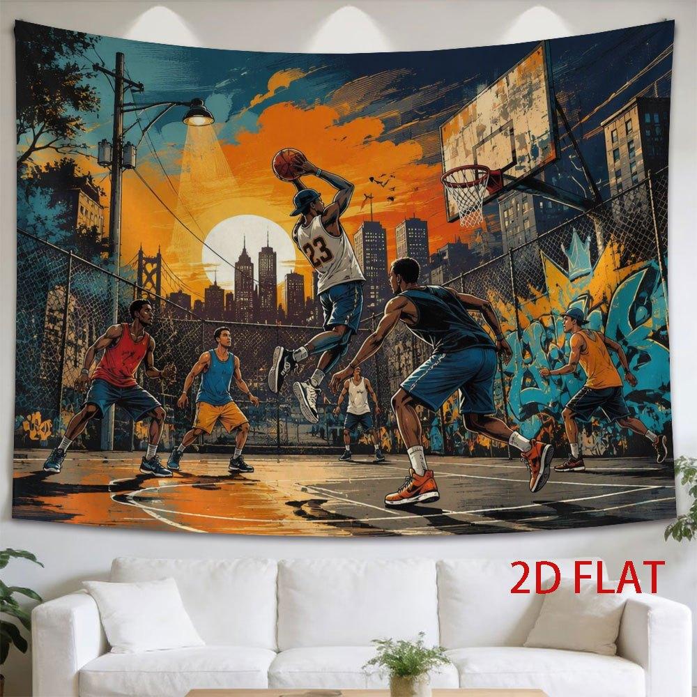 2D Flat, 1pc 2D Flat Tapestry Street Basketball Intense Match Under Sunset City Skyline, Dynamic Players in Action, Urban Graffiti Backdrop, Vibrant C