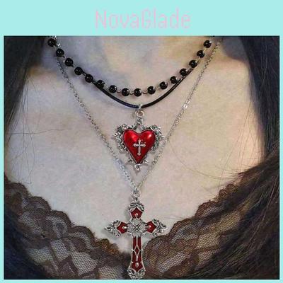 Gothic Vintage Heart Pearl Cross Pendant Necklace With Alloy Chain For Women