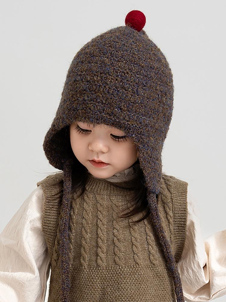 Niedliche Kleine Kugel Baby Ohrenschutz Mütze Winter Gestrickt Kleinkind Mädchen Junge Schnürkappe Outdoor Winddicht Warm Kinder Ohrenschützer Mütze