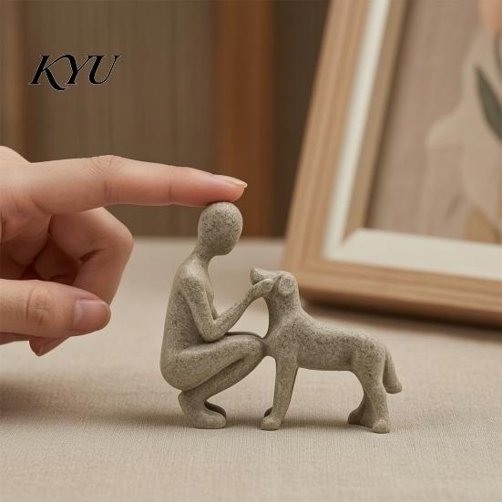 Dekorative Regalstatue für Haustierverlust, Abstrakte Mensch-Hund Harzfigurine, Sandsteinstruktur Bindungsskulptur, Gedenk-Souvenirs, Elternhaus