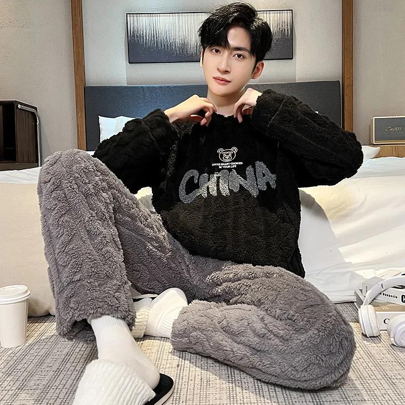 Higher Quality Thickened Warm Flannel Plus Size Men Pajamas Winter Nightwear Loungewear Striped Sleepwear Homewear Cartoon Bear