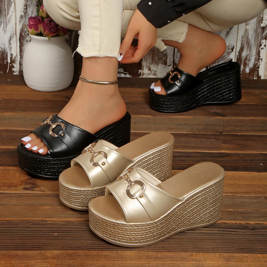 Pegged Platform Women's Open-toe Thick-soled Wedge Slip-on Large Size Open-toe Slip-on Shoes