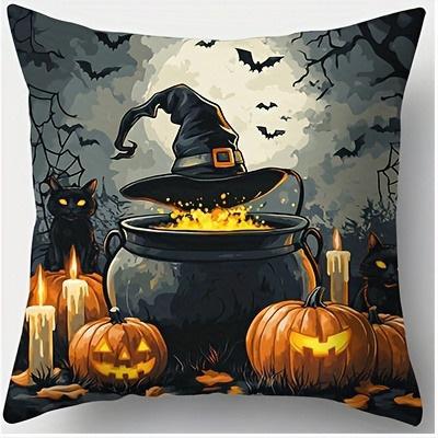 Spooky Halloween Pillowcases: Witches, Pumpkins & Haunted Houses Sofa Cushion Cover Holiday Party Decoration Gift Peach skin 18*18(CM)-1Pcs