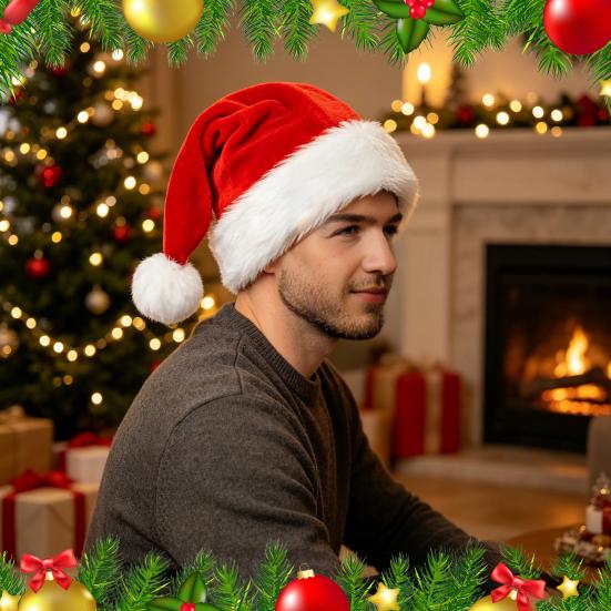 Comodi Cappelli Amici della Pelle Cappello di Natale Babbo Natale, Cappello Festivo in Flanella Peluche per Adulti, Moridi Addensati Cappelli per Riunioni di Famiglia Festa Rosso Bianco Velluto