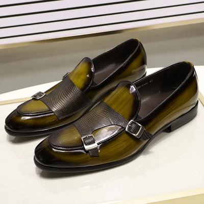 Fashion FELIX CHU Men's Patent Leather Loafers Black/Green Monk Strap Slip-On Shoes for Wedding Party Dress Casual Fashion