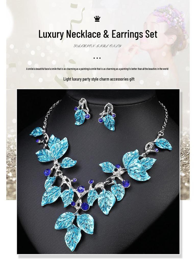 European-American Colorful Leaf Diamond-Encrusted Enamel Alloy Necklace Set