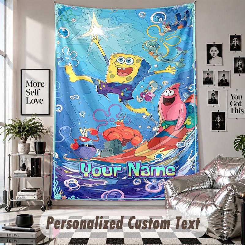 Wall Hanging Tapestry With Custom Name & Text, SpongeBob Decorative Tapestry For Bedroom