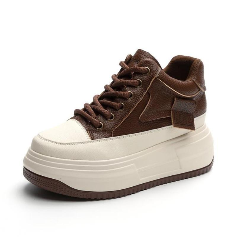 Fashion 2025 New 6.5cm Lace-up Genuine Leather Flat Platform Sneaker Increase Shoes Woman High Top Short Boots Spell Color Trend Shoes