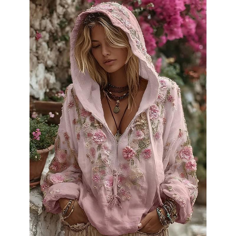 2025 Hooded Zip-up Sweatshirt with Trendy Japanese Cherry Blossom Art Print
