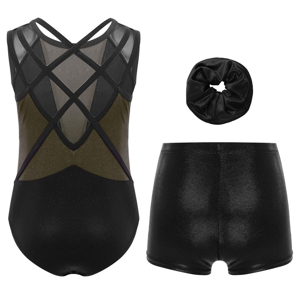 Girls 3-Piece Leotard Set Sleeveless Crisscross Back Rhinestones Color Block with Shorts