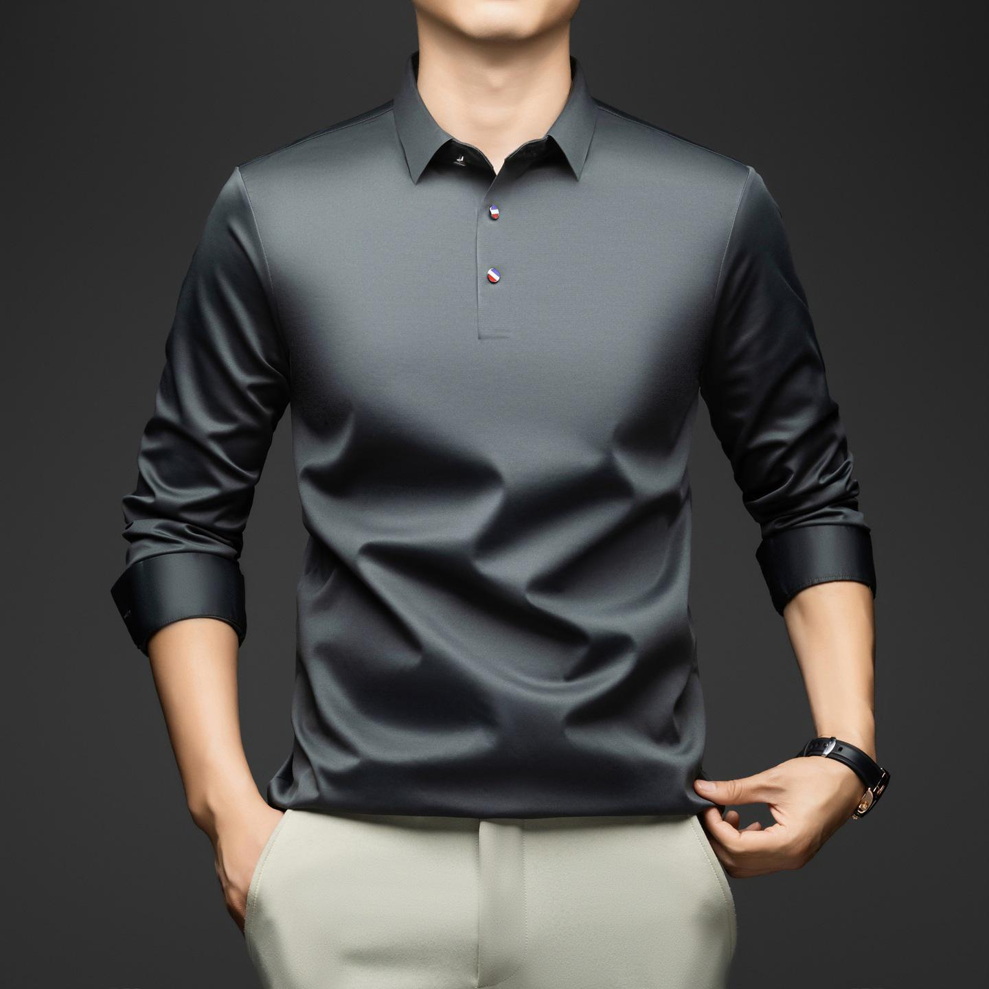 Men s High-End Solid Color Long-Sleeve Polo Shirt with Mulberry Silk XL