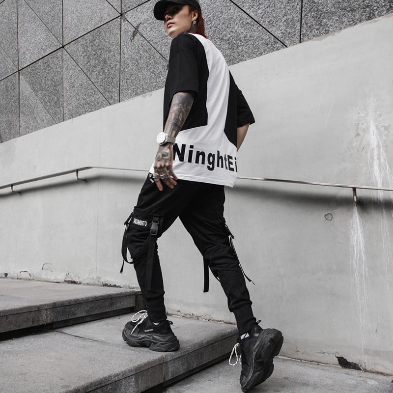 Hip Hop Joggers Men Black Multi-pocket Ribbons Man Sweatpants Streetwear Casual Mens Pants