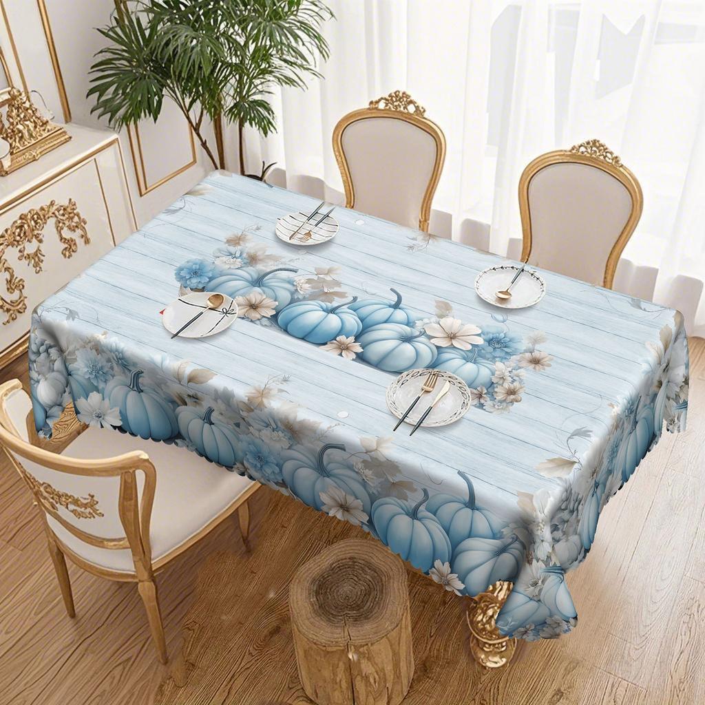 1 Fall Thanksgiving Blue Pumpkin Tablecloth, Wood Grain Polyester Tablecloth, Harvest Party And Country Grid