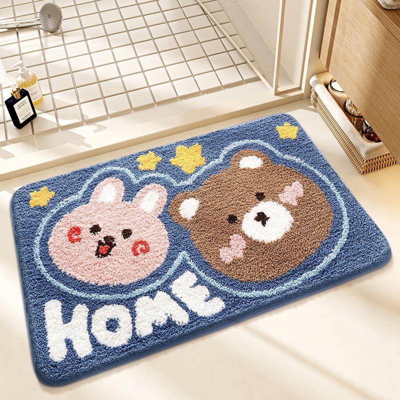 Cute Rabbit Series Super Soft Bath Mat - Thickened Flocked Machine-Washable Bathroom Rug, Non-Slip Decorative Doormat for Home