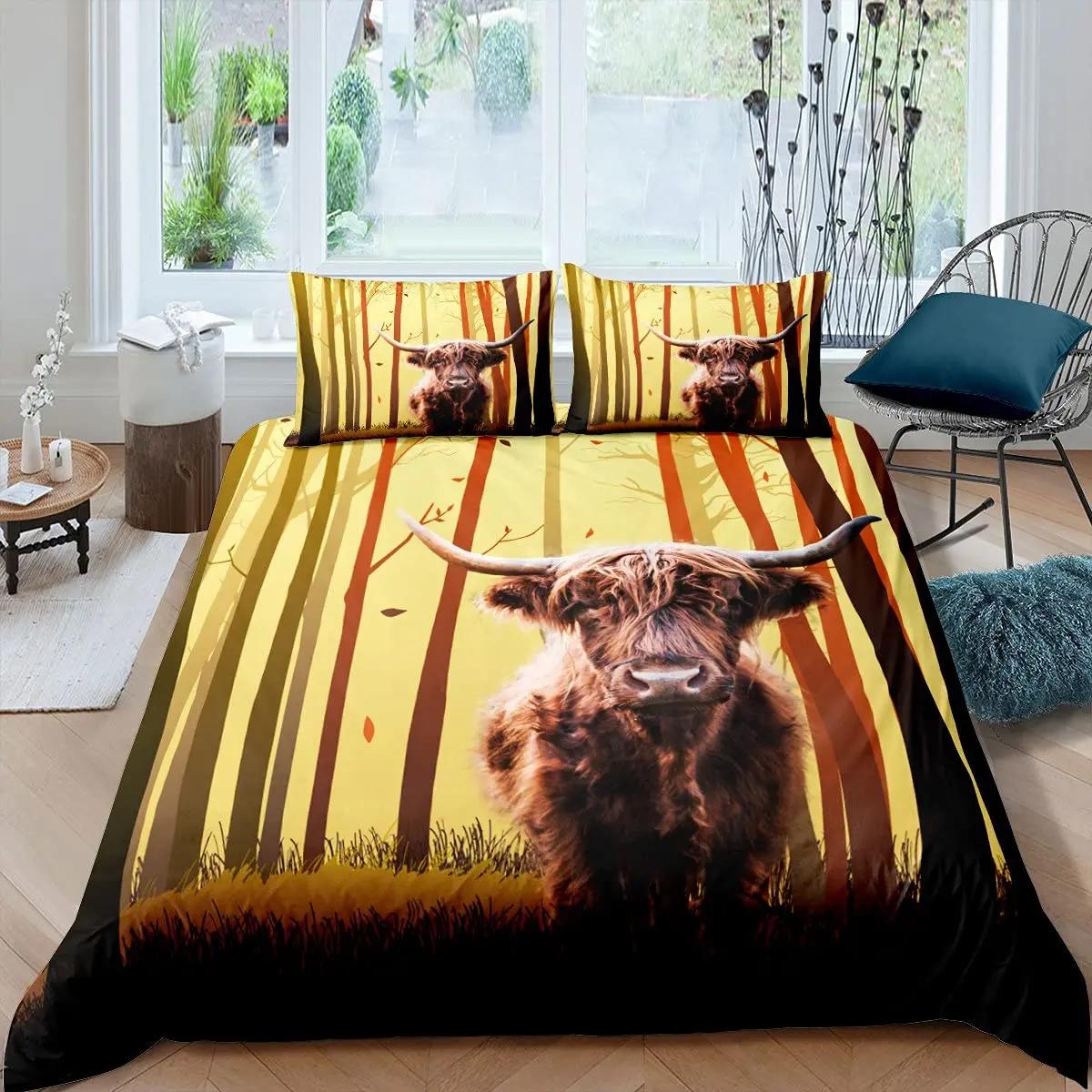 

Cartoon Highland Cow Duvet Cover Set Western Animal Bedding Set 3D Ocean Bull Cattle Comforter Cover Floral Branches Quilt Cover EU single(135x200cm)