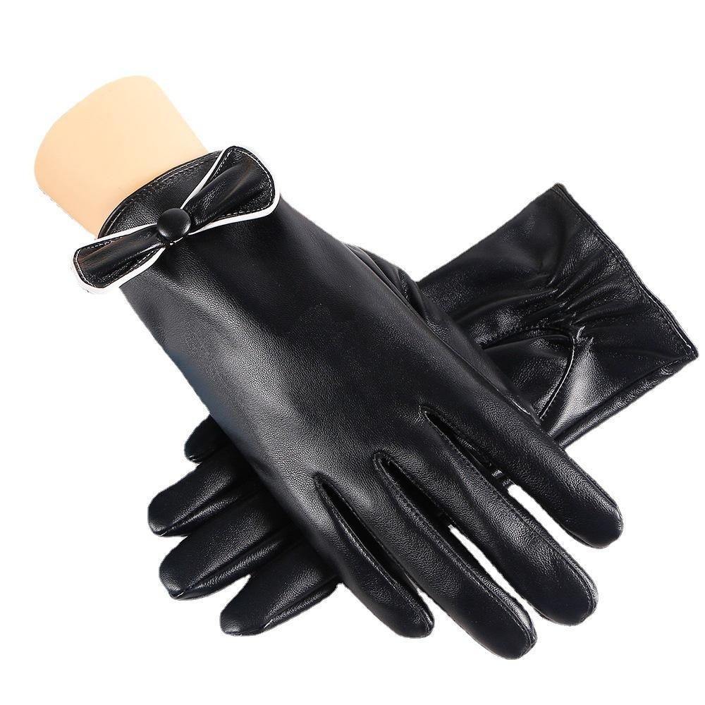 Winter Warm Gloves for Women's Bow Plus Velvet Thickened Water Washed Leather Touch Screen Windproof Cold Waterproof PU Leather Gloves