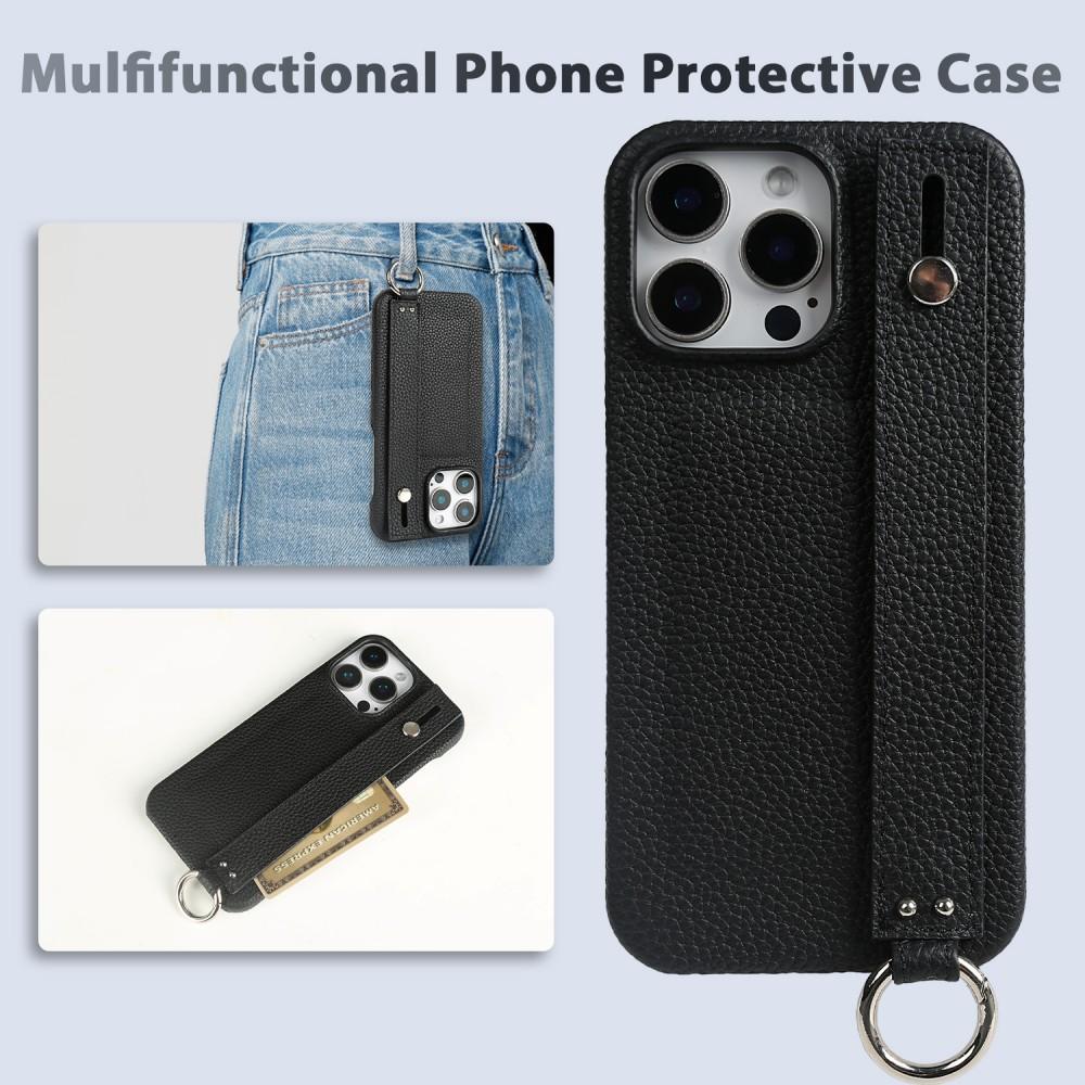 Premium Genuine Leather Case For iPhone 16 Pro Max Phone Cases 15Pro 14 13 12 11 Wristband Strap Bracket Back Card Holder Cover