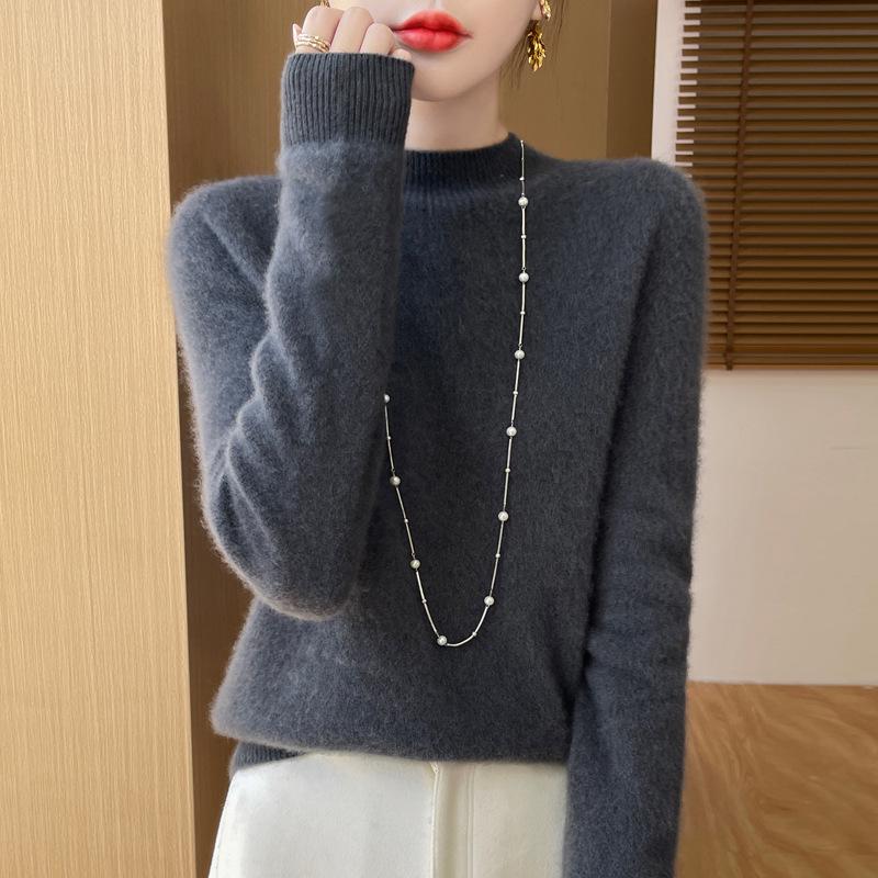Women's Soft Pure Wool Sweater - Half-High Neck, Slimming, Fashionable, Skin-Friendly Knit