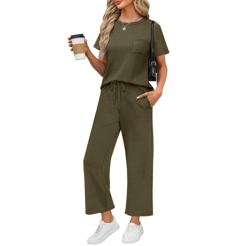 Women's Casual Fashion Short Sleeve Loose Wide Leg Pants Round Neck Suit