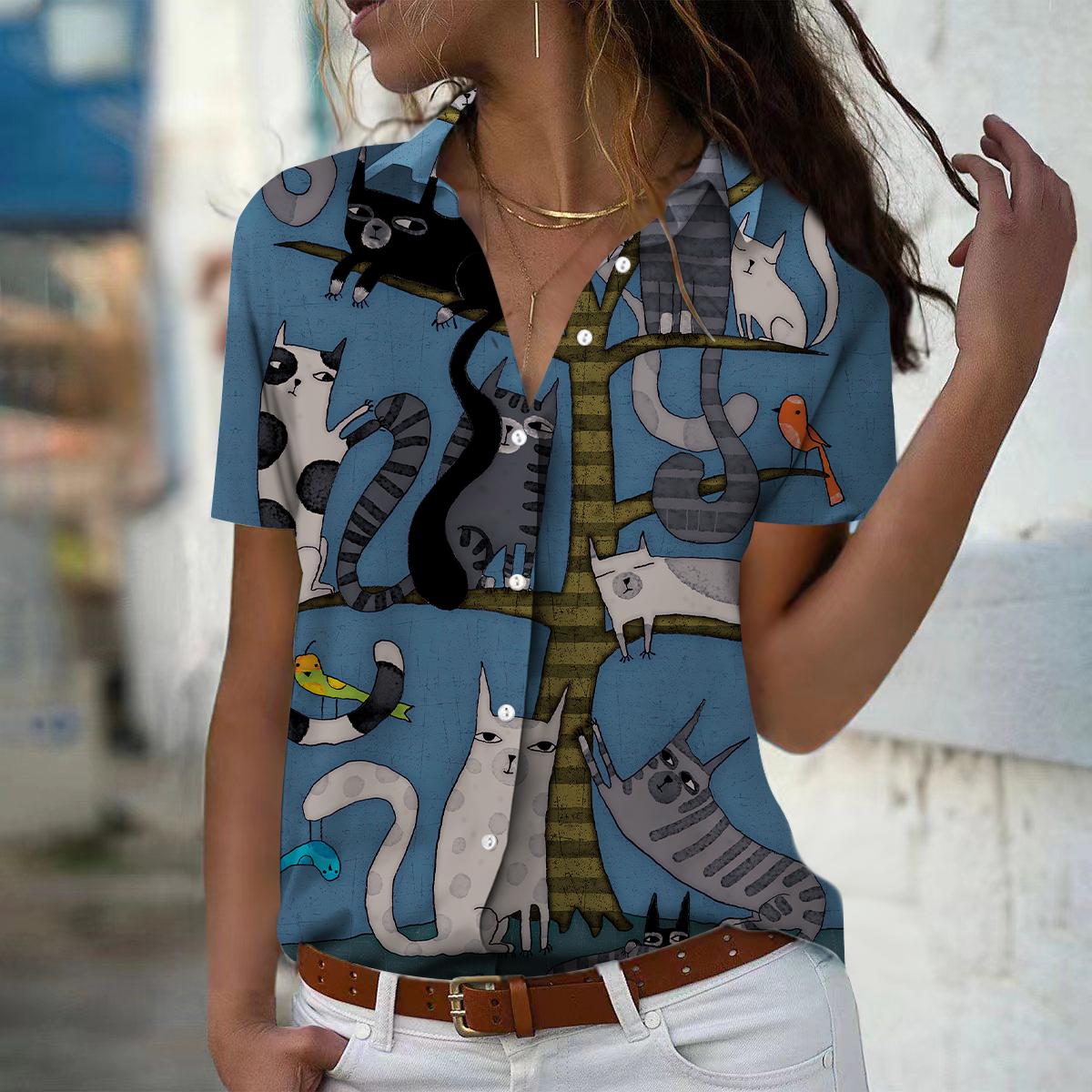

2025 Summer New Fashion Women s Cat Printed Short Sleeve V-neck Casual Button-down Shirt Top XS синій