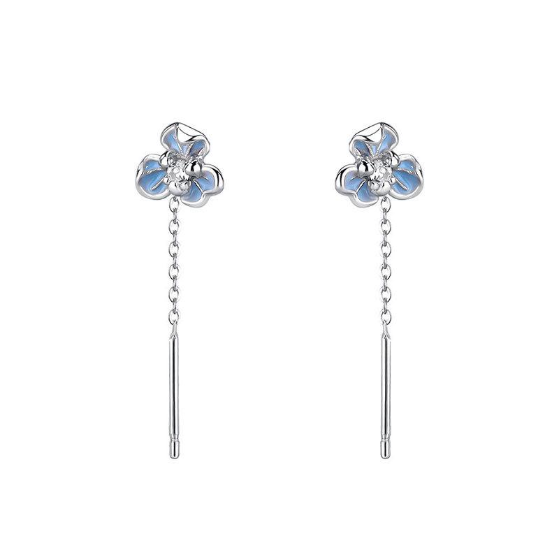 S999 Pure Silver Iris Ear Thread Earrings with Blue Zircon Flower Design