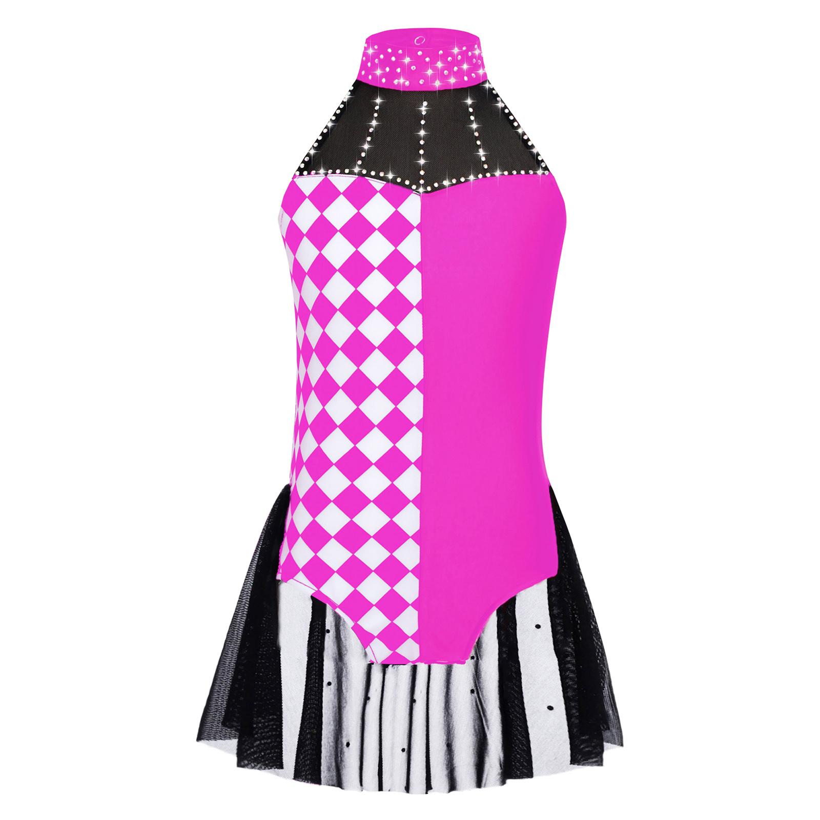 

Костюм клоуна для дівчинки Кольоровий блок Печворк Декоративний страз Леотар Халтер Без рукавів Відкрита спина Талія Сітчаста накладка Комбінезон 13-14 Years гарячі рожевого кольору