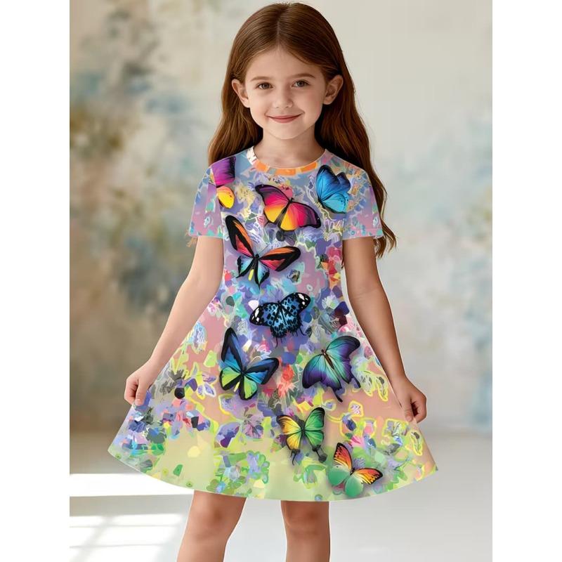 Dress for Girls Sequin Butterfly 3D Printed Short Sleeve Dress Summer Loose Girls' Casual Dress Round Neck Hot Sale Girl Clothes