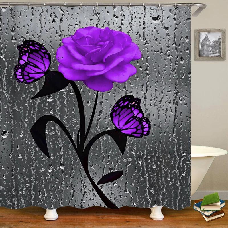 Blooming Flowers Rose Butterfly Shower Curtain Waterproof Modern Bathroom Decor, Waterproof Fabric Shower Curtain with Hooks