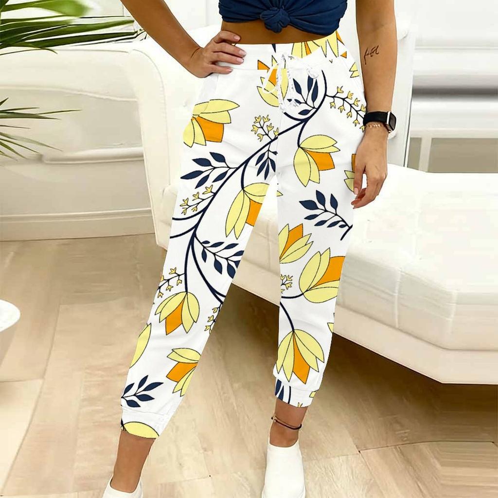 Summer Ladies Splicing Floral Prints Printed Sweatpants Loose Fit Drawstring Joggers Elastic Cuff Daily Casual Pants