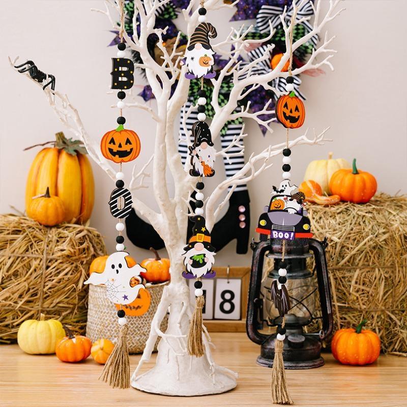 Halloween Wooden Beads Pendant Gnome Pumpkin Bat Ghost Hanging Ornaments for Wall Home Party Tray Decoration Prop