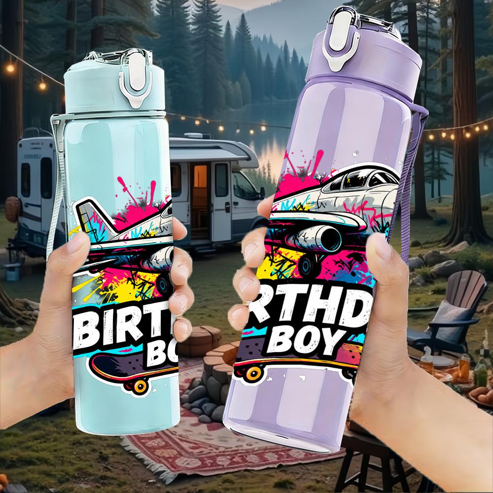 1PC Jet Plane Skate Birthday Boy Text 750ml Color Plastic Water Bottle Leakproof Flip Straw Lid For Sports Office Home Use