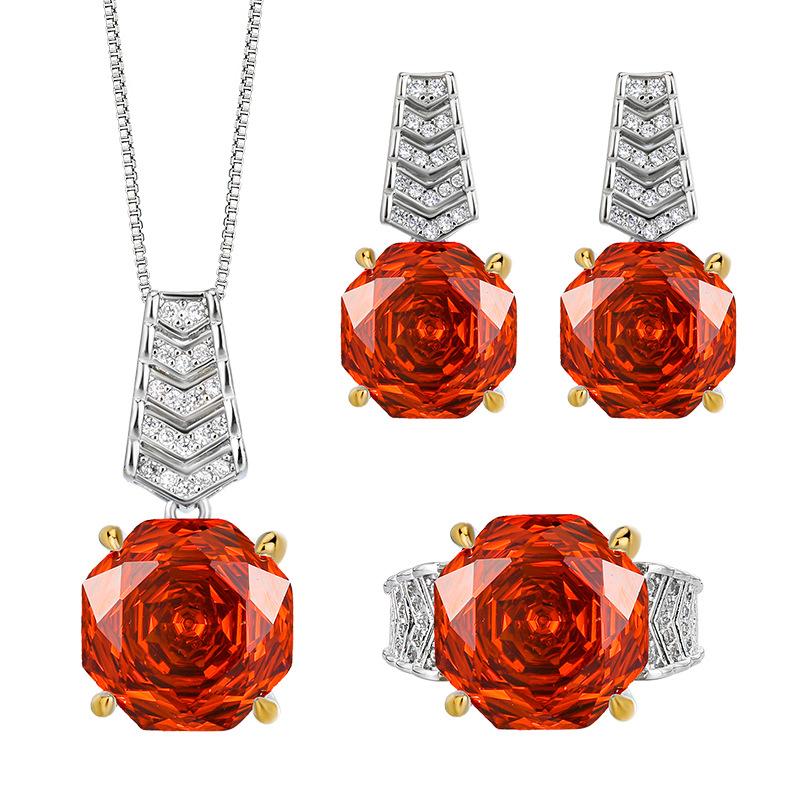 Jewelry Copper Bottom Gold-Plated Rose Cut Orange Red Zirconium Temperament Light Luxury Set Main Stone 14-12Mm