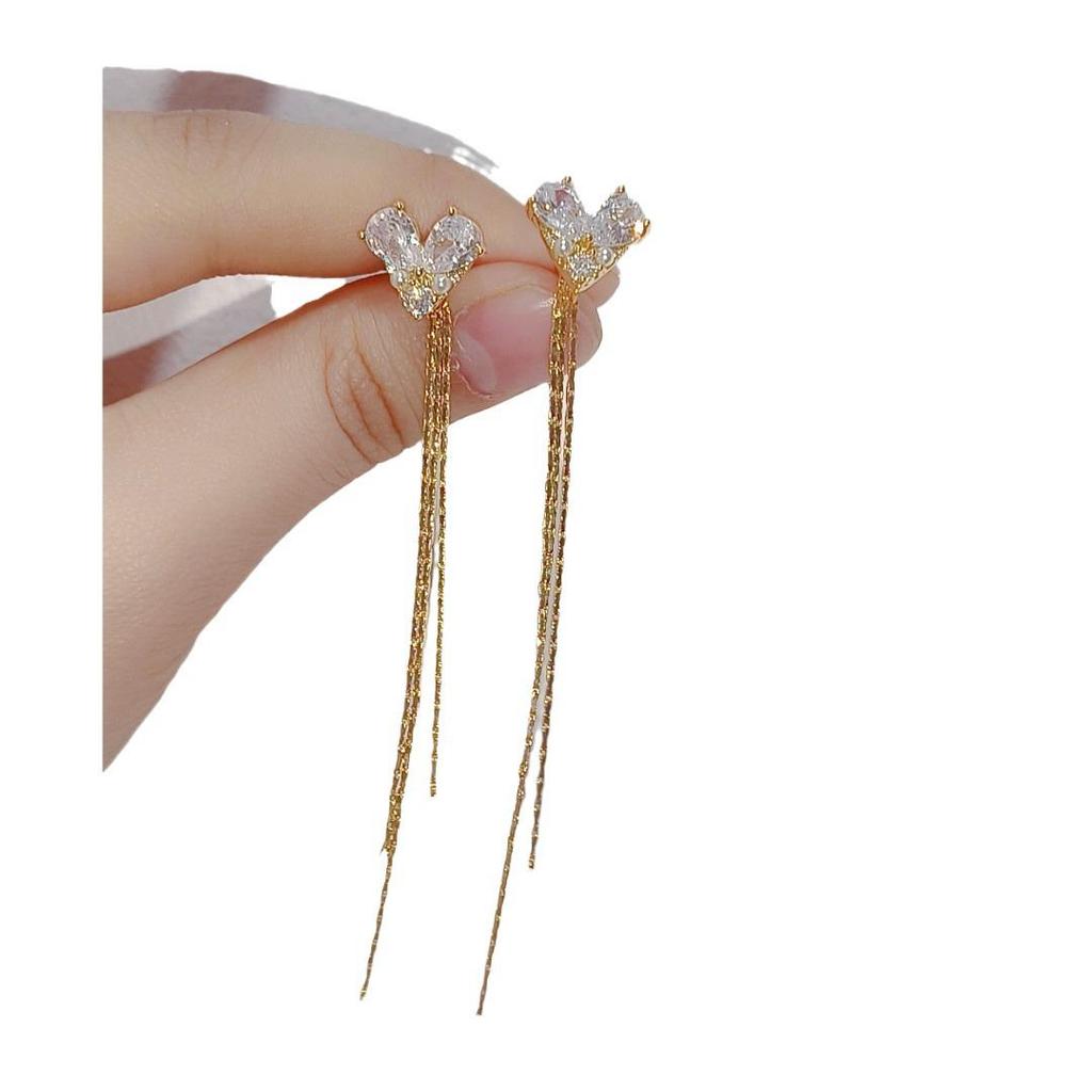 Elegant Zircon Pearl Heart Tassel Earrings for Women